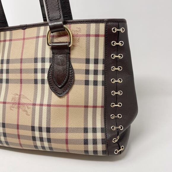 Burberry Brown Beige Haymarket Check Canvas Regent Grommet Tote Bag Double Strap - Picture 3 of 16
